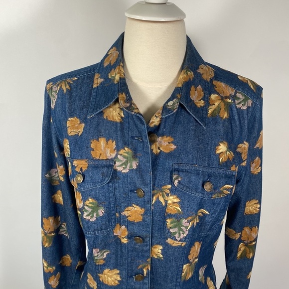 Liz Claiborne Villager Sport Lightweight Jacket Denim with Fall Leaves M #197 - Picture 6 of 15
